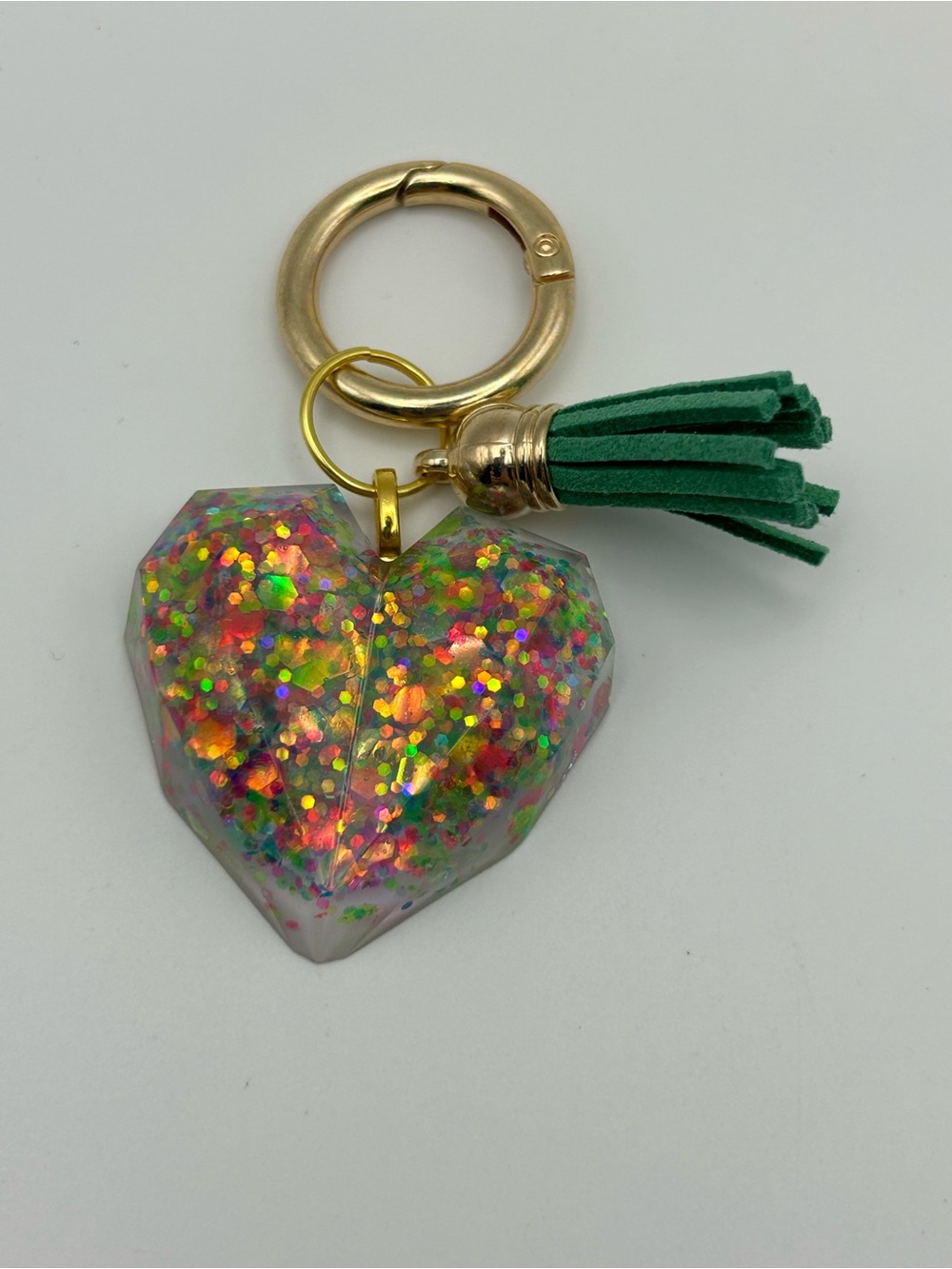 Glitter Heart Key & Card Holder Charm with Green Tassel